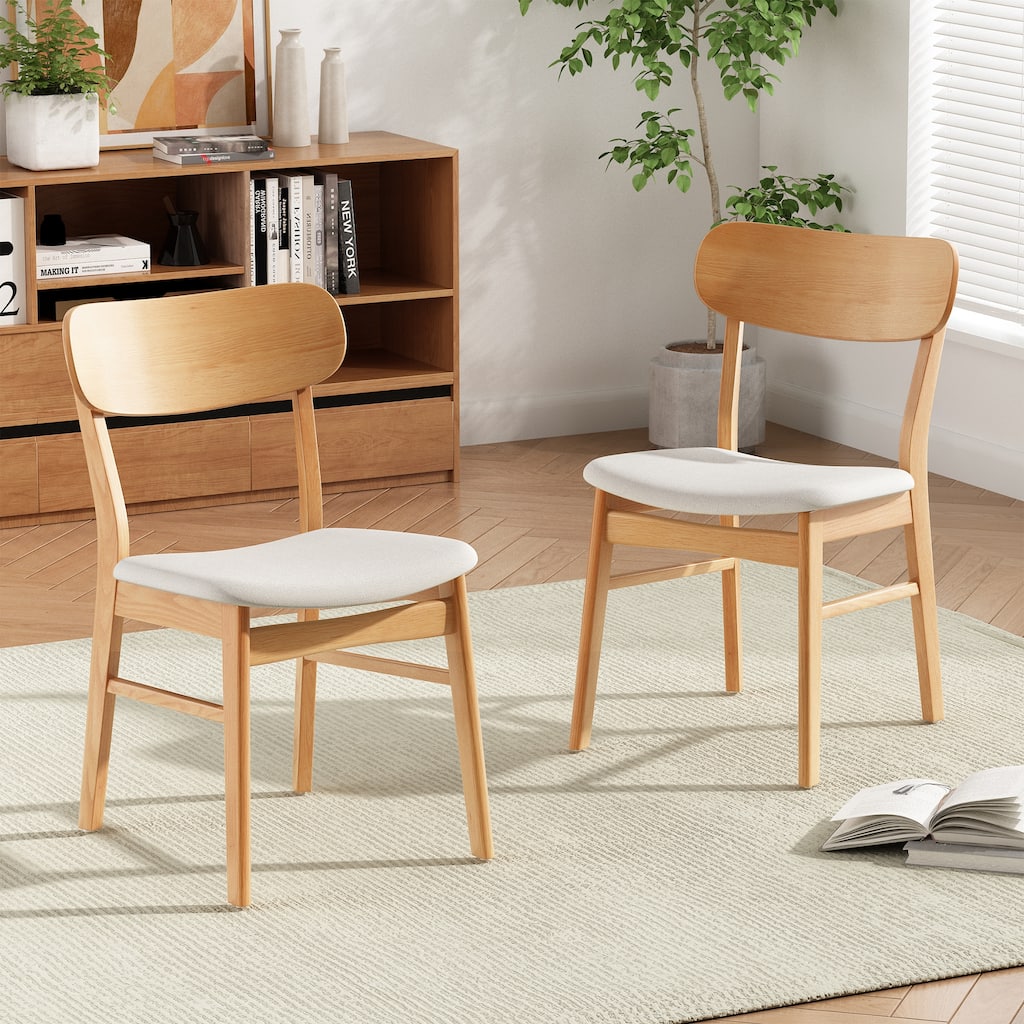 Set of 2 Dining Chairs - Fabric Cushioned Seat, Solid Rubberwood Legs, Light Beige