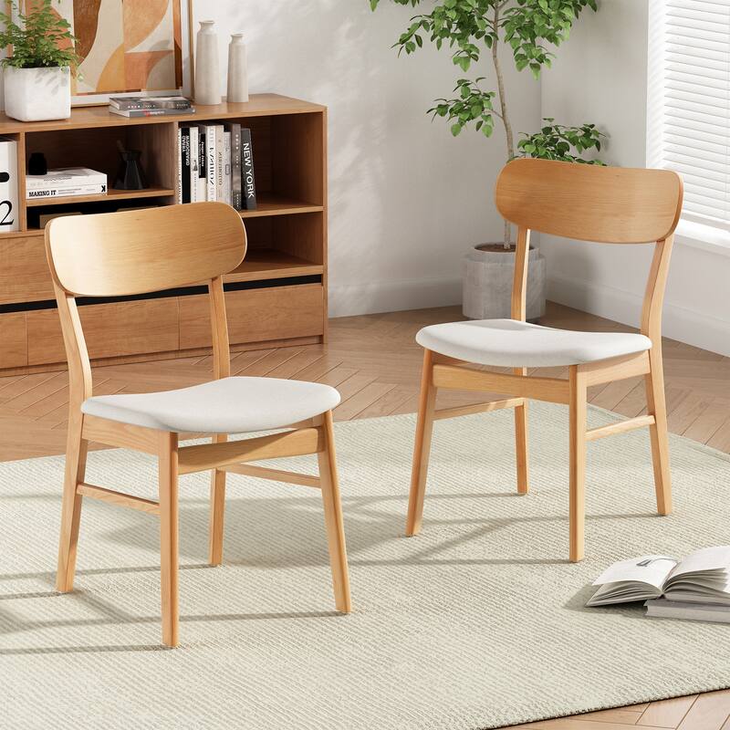 Solid Wood Dining Chairs with Upholstered Seat, Open Back, Set of 2 - Light beige
