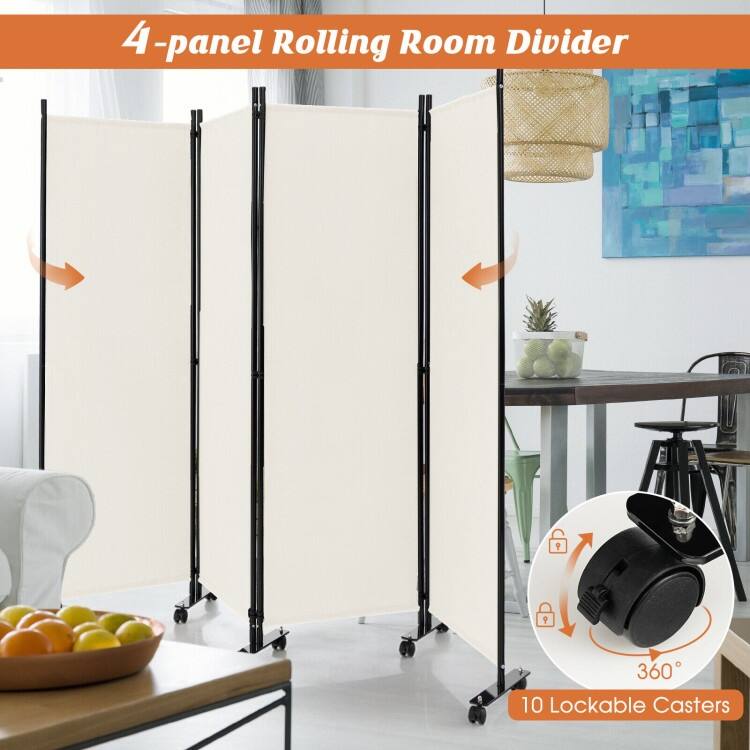 4-Panel Folding Room Divider Rolling Privacy Screen with Lockable Wheels - 89" x 12" x 68" (L x W x H)
