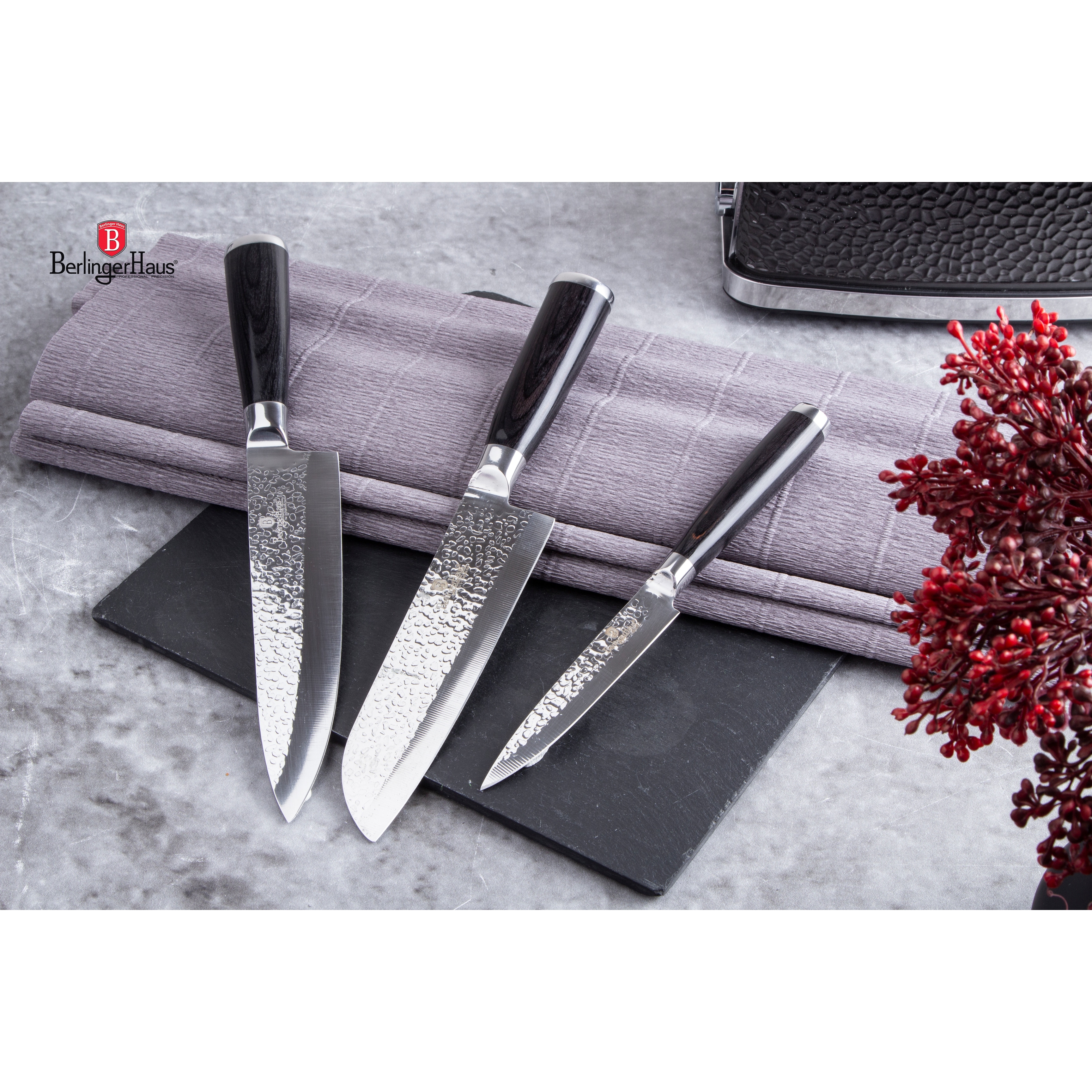Berlinger Haus Carbon 8-Piece Knife Set w/ Acrylic Stand Black Rose Gold  Collection
