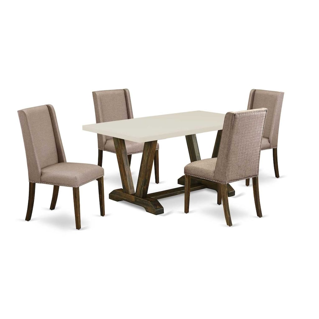 HomeStock 5-Piece Rectangle Distressed Jacobean Finish Solid Wood Top Dining Table with 4 Upholstered-Chairs with Lattice Back