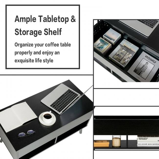 31.5 Inch Lift Top Coffee Table with Hidden Compartment and 2 Storage Shelves - 31.5" x 15.5" x 17.5" (L x W x H)