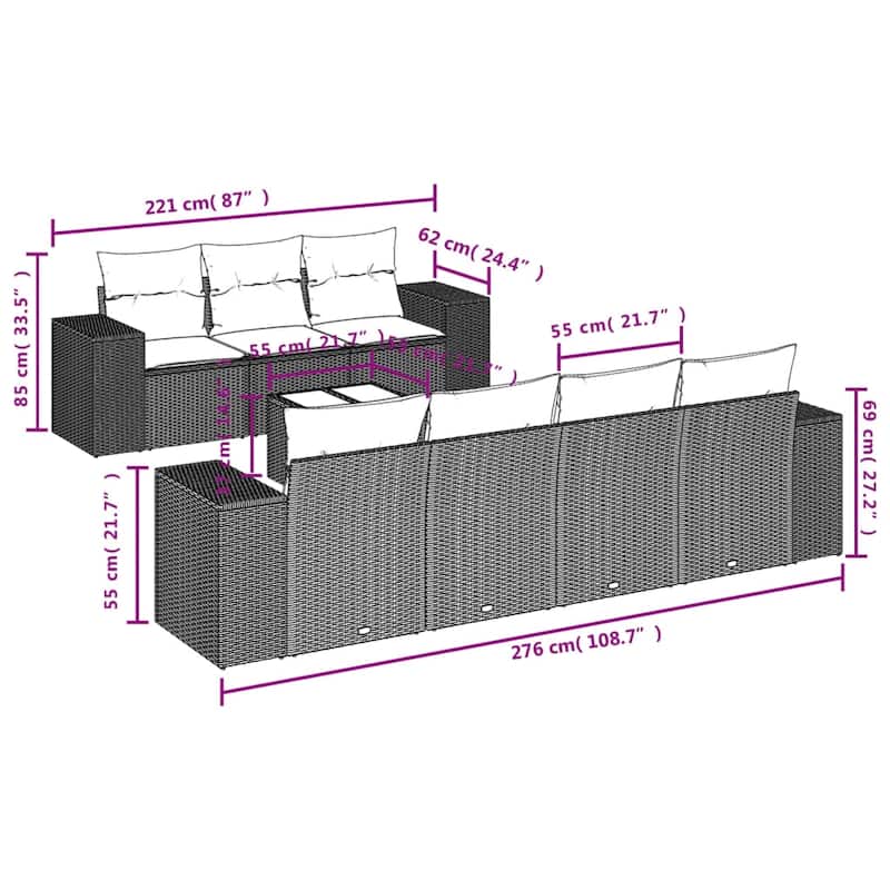 vidaXL Patio Sofa Set with Cushions Outdoor Furniture 8 Piece Poly Rattan - 21.7 x 24.4 x 27.2