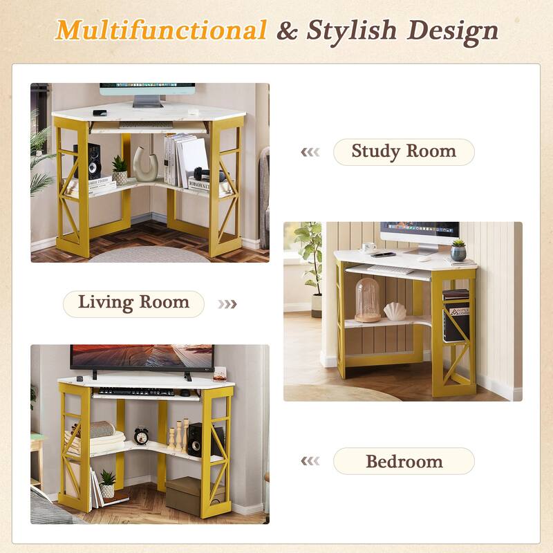 VECELO Triangular Corner Desk with Keyboard Tray Space Saving Metal Computer Desk for Home Office Study Bedroom