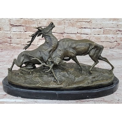 Two Elk Fighting Bronze Sculpture Animal Wildlife Marble Base Figurine Figure