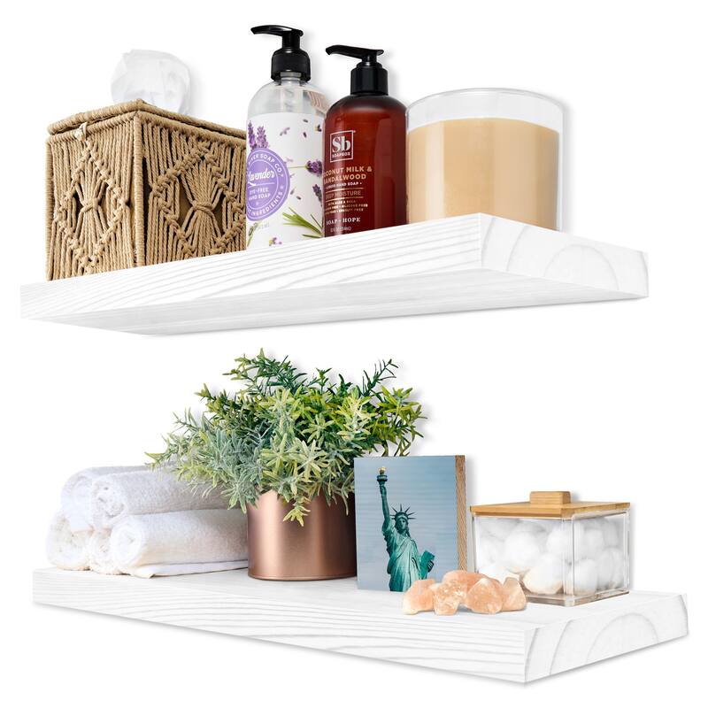 Solid Wood Floating Shelves for Wall - Compact Wooden Wall-Mounted Shelves (16”, Set of 2) - 5.5” L X 16"W X 1.2” H - White