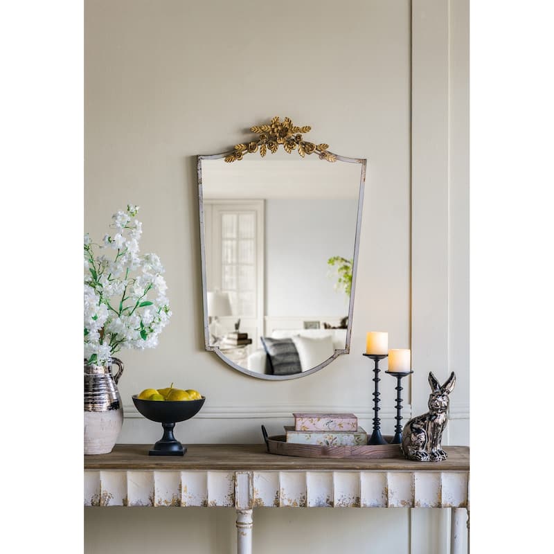 24"x 1.6" x 37.4" Decorative Arched Wall Mirror with Distressed Ivory Frame and Gold Floral Crown
