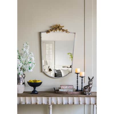 24"x 1.6" x 37.4" Decorative Arched Wall Mirror with Distressed Ivory Frame and Gold Floral Crown