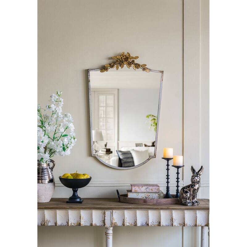 Decorative Arched Wall Mirror - Distressed Ivory Frame, Gold Floral Crown