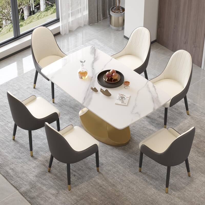 Dining Table for 6~8 Person, Faux Marble Kitchen Dining Table with Gold Pedestal. - 63" - White