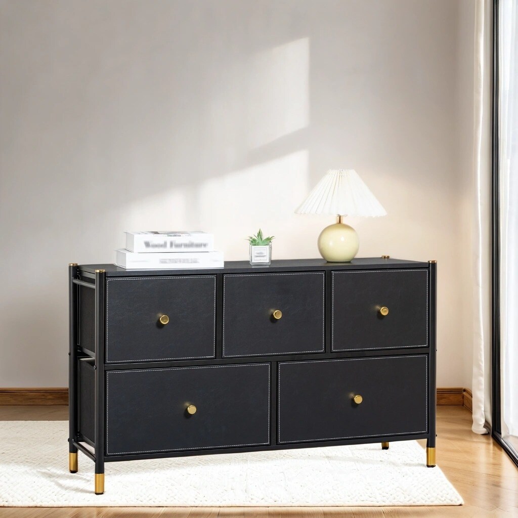 Black 5-Drawer Tall Dresser with PU Leather Fronts - Storage Tower for Closet, Living Room, Hallway, Children's Room - Overstock - 40909197 Black 5-Drawer Tall Dresser with PU Leather Fronts - Storage Tower for Closet, Living Room, Hallway, Children's Room - Overstock - 40909197