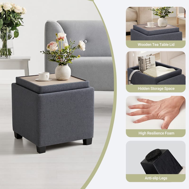 RENEWLINE ​18" Square Storage Ottoman with Tray - 250LBS Weight Capacity, Leather Upholstered Footstool for Living Room