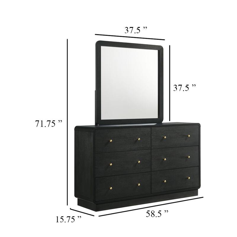 Cavy Wide Dresser with Matching Mirror, 6 Drawers, Black Wood, Gold