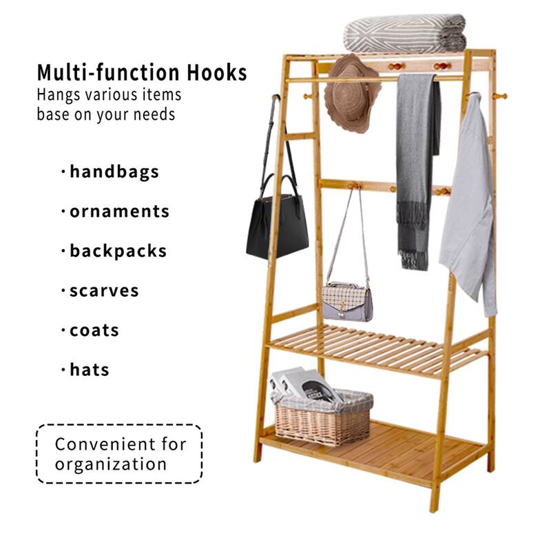 Bamboo Garment Coat Clothes Hanging Heavy Duty Rack with Top Shelf - 31 in. x 65 in.x 17 in.