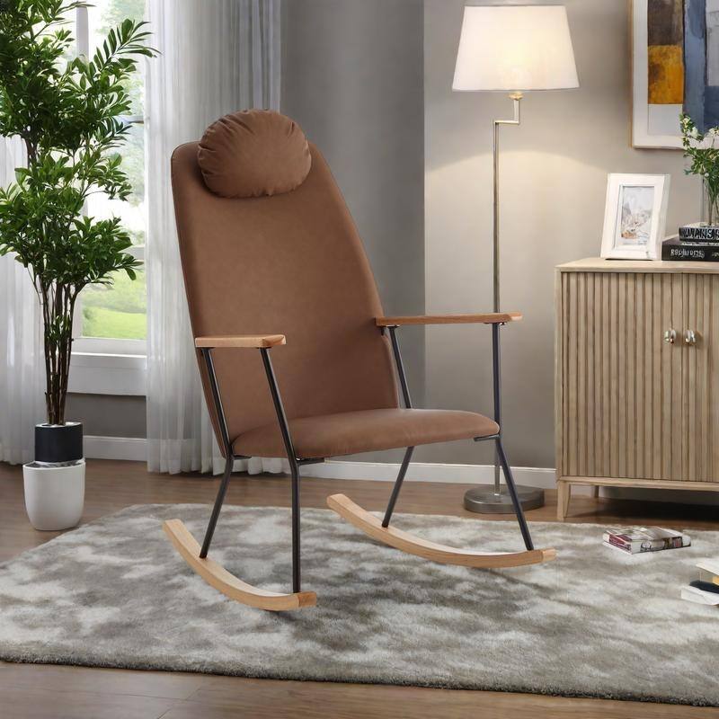 Technical Leather Rocking Chair with Adjustable Headrest - Brown