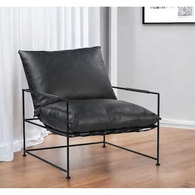 HomeRoots 28" Black Genuine Leather Distressed Arm Chair - 28' X '32.5' X '30
