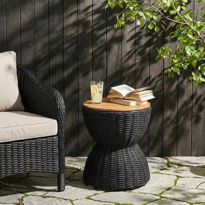 Christopher Knight Home - Modern Outdoor Wicker Side Table with Acacia Wood Top