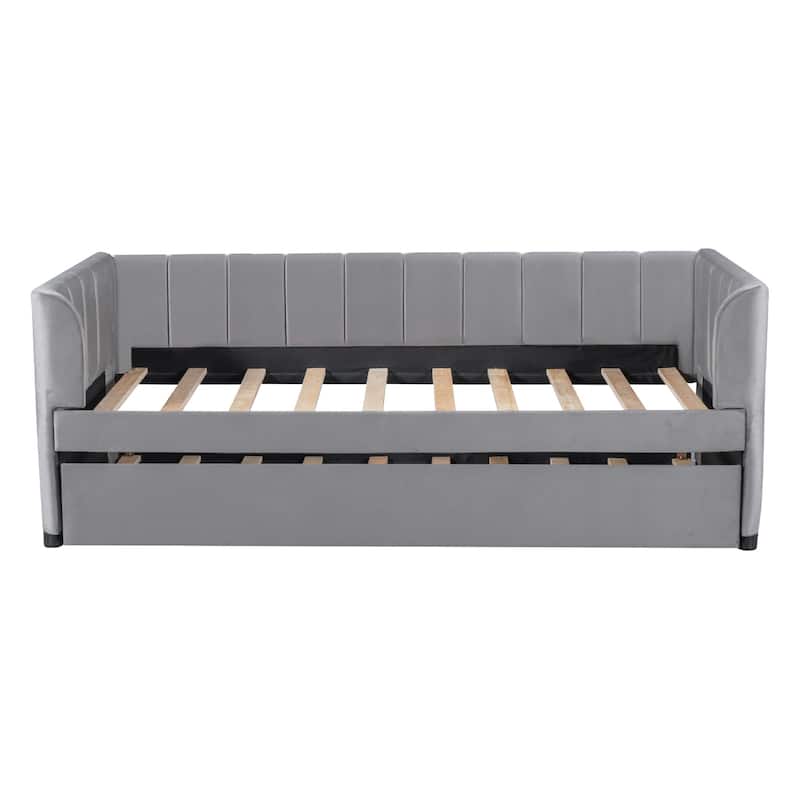Twin Size Upholstered Daybed with Ergonomic Design Backrest and Trundle