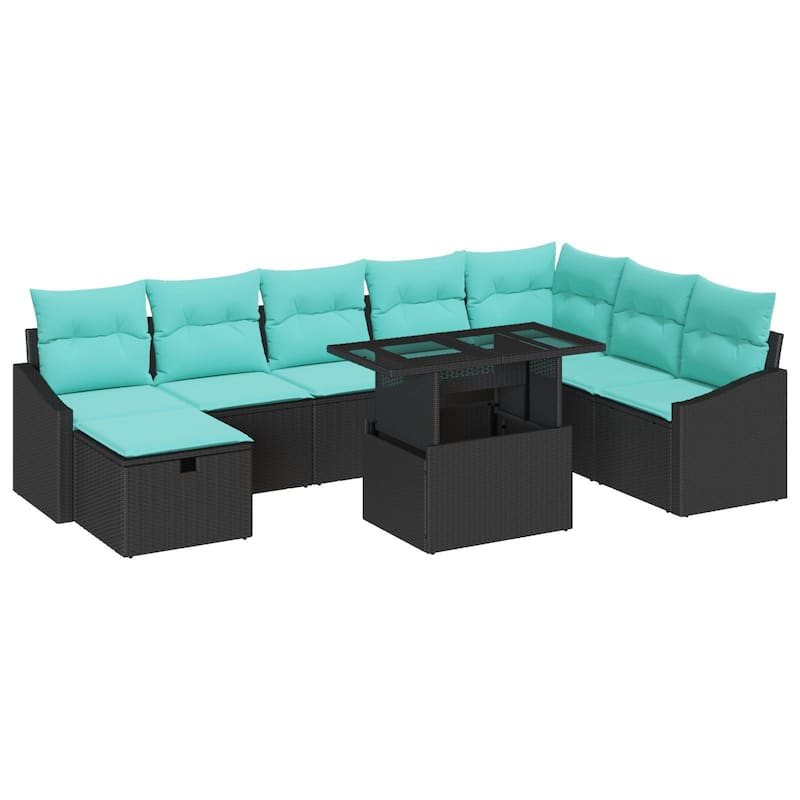 vidaXL 9 Piece Garden Sofa Set with Cushions Black Poly Rattan - 113.6 x 70.3 x 27.2