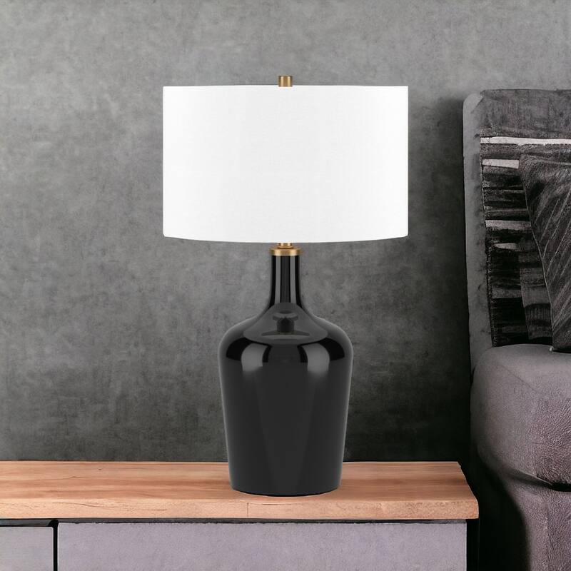 White Glass Urn Table Lamp with Linen Drum Shade and Rotary Switch - 15” x 15” x 25” (D x W x H)
