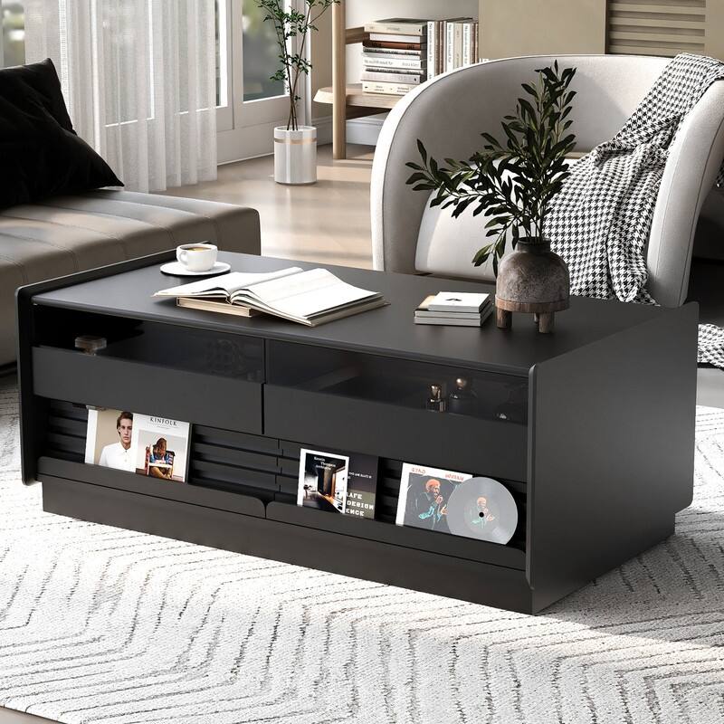 Modern Rectangle Coffee Table with 4 Drawers and 2 Display Shelves, 47.2" Wood Coffee Table with Fluted Style - Black
