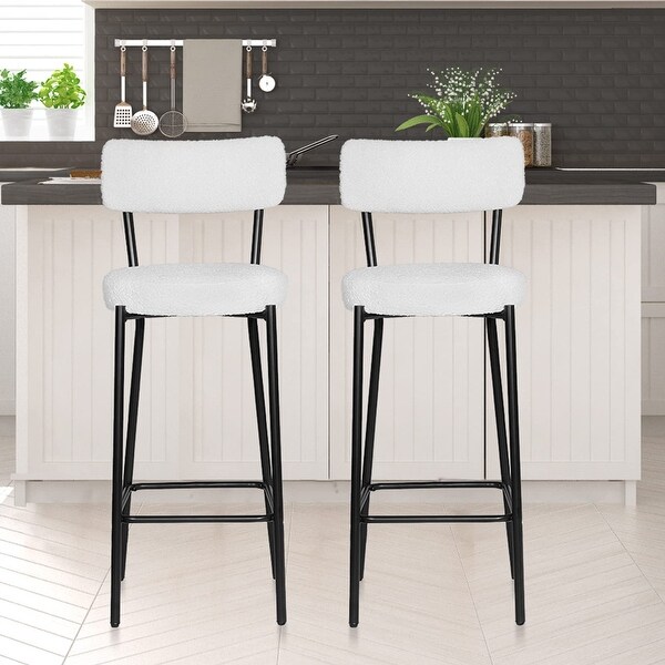 Bar Stools Set of 2 30 inch Height Bar Chairs Boucle Fabric White Counter Height Bar Stools with Back Black Metal as picture Bed Bath Beyond 37795217