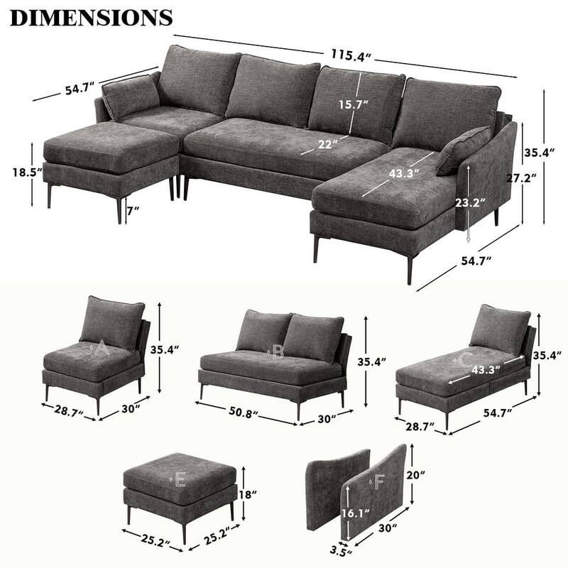 Modern Chenille Sectional Sofa with Reversible Chaise and Ottoman, Perfect for Living Rooms with Sleeper Function