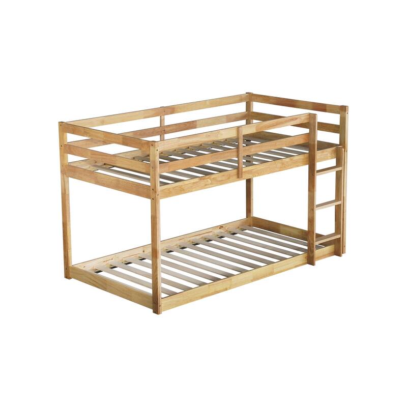 Wooden Twin over Twin Floor Bunk Bed with Ladder ,Upper and Bottom Bed Platforms