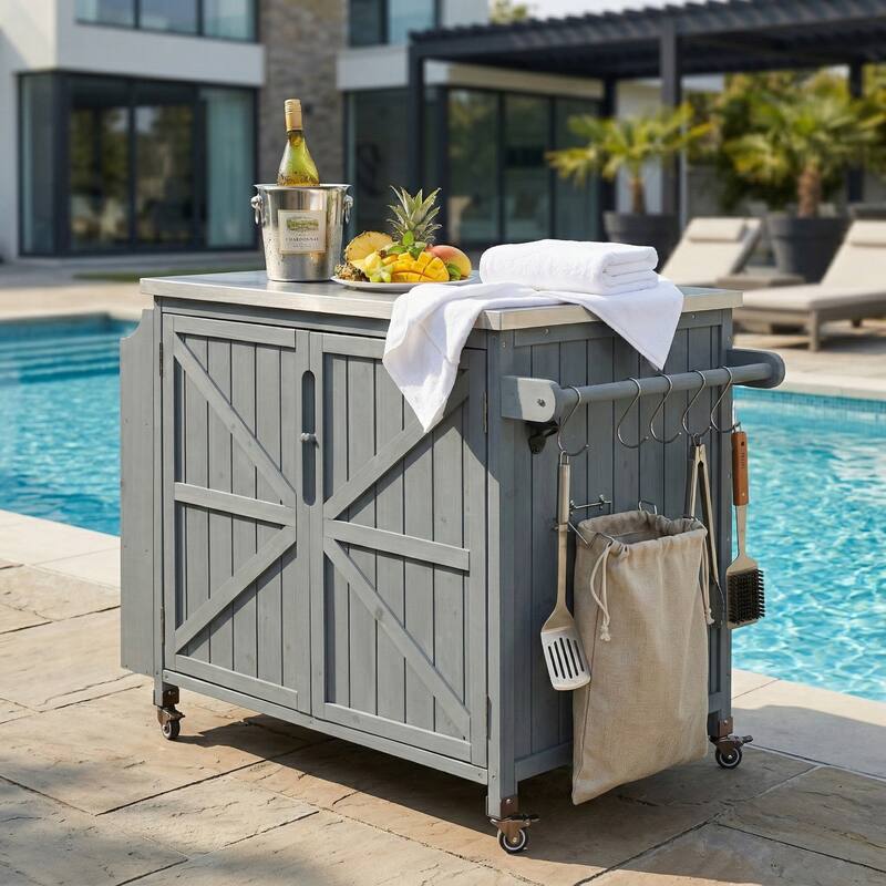 42.1" Outdoor Grill Cart with Side Shelf and Storage Cabinet, Stainless Steel Top Kitchen Island on Wheels