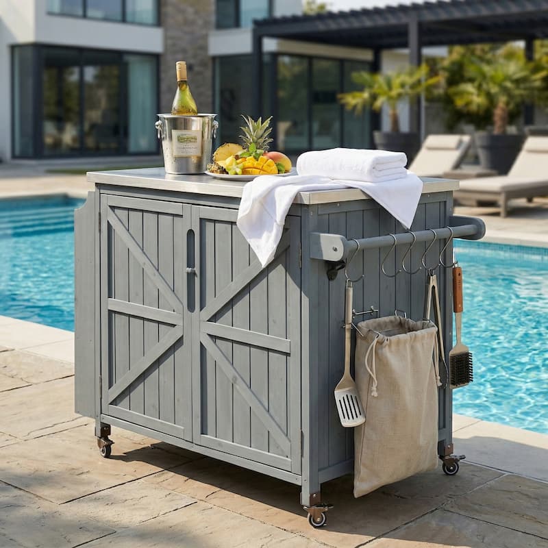 42.1" Outdoor Kitchen Island with Side Shelf, with Storage Cabinet, Outdoor Kitchen Cabinet, Adjustable Shelf and 4 Wheels