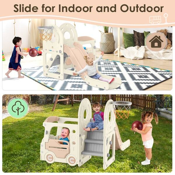 slide 2 of 7, Beige Coffee 4 in 1 Toddler Slide, Kid Slide for Toddlers Age 1-3, Indoor Outdoor Bus Themed Toddler Playset Toddler Playground