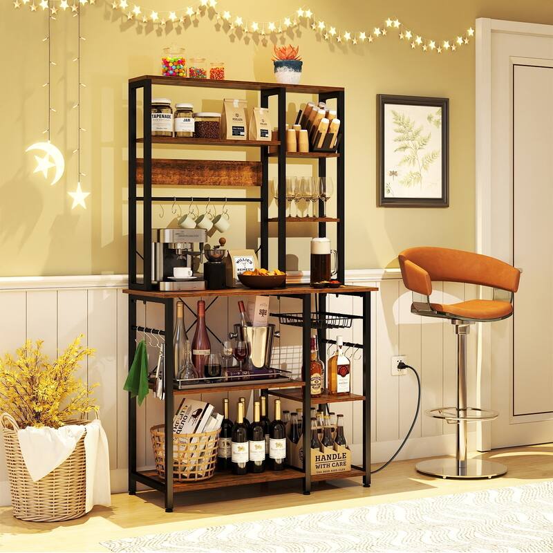 Gymax Bakers Rack w/ Power Outlet 6-Tier Microwave Stand w/ Wooden