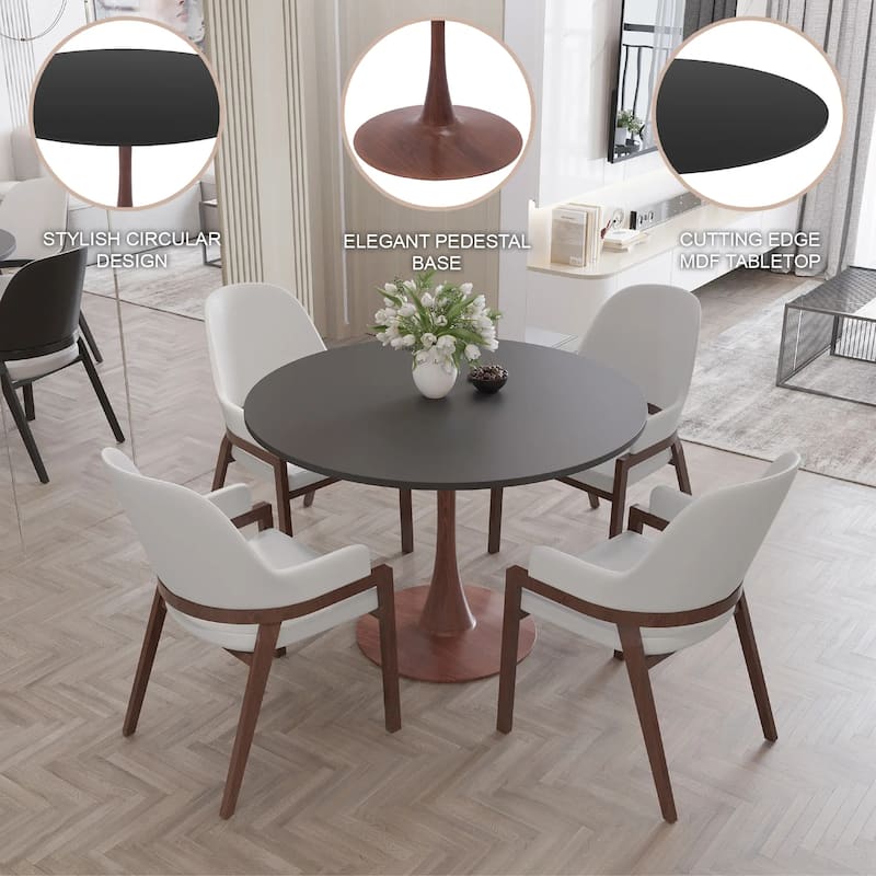 Bristol 35" Round Dining Table with MDF Top and Walnut Steel Pedestal Base for Modern Kitchen and Dining Room