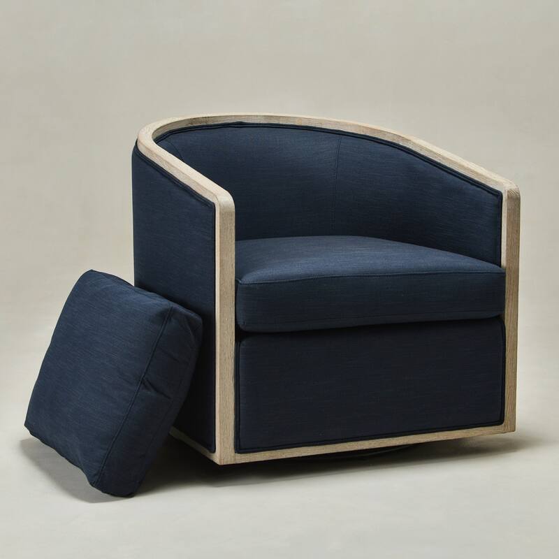 KINWELL 31"W Oak Frame Upholstered Swivel Barrel Armchair
