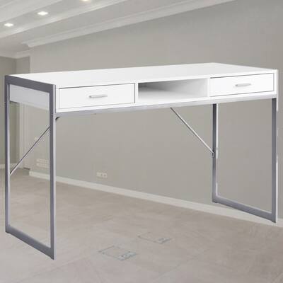 Contemporary Computer Desk with 2 Storage Drawers, Open Shelf, and Chic Metal Frame for Office or Study