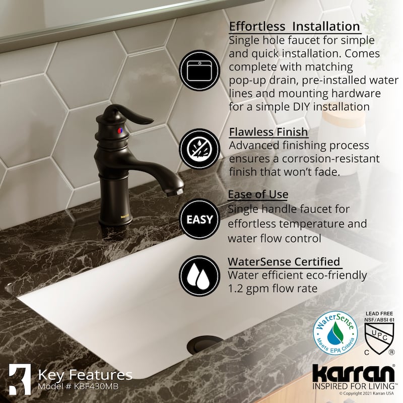 Karran Dartford Single Hole Single Handle Basin Bathroom Faucet with Matching Pop-up Drain