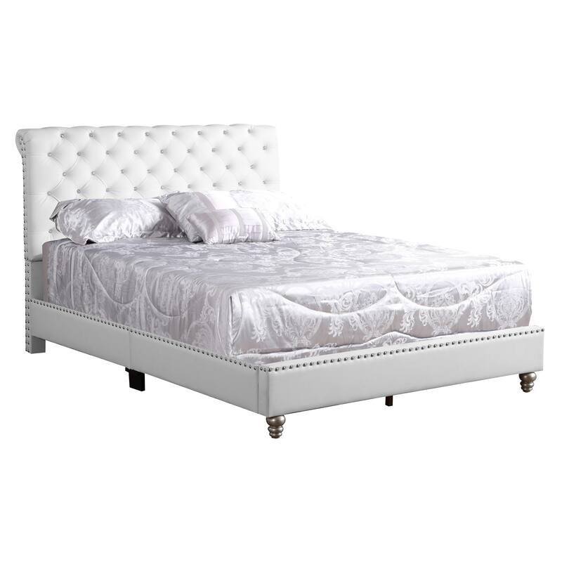 Queen Size PU Transitional Platform Bed with Foam Support - White