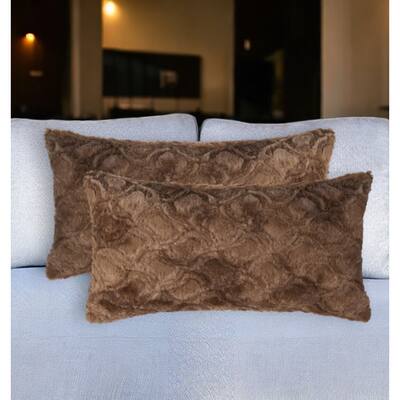 Set of Two 12" X 20" Brown Faux Fur Lumbar Throw Pillows
