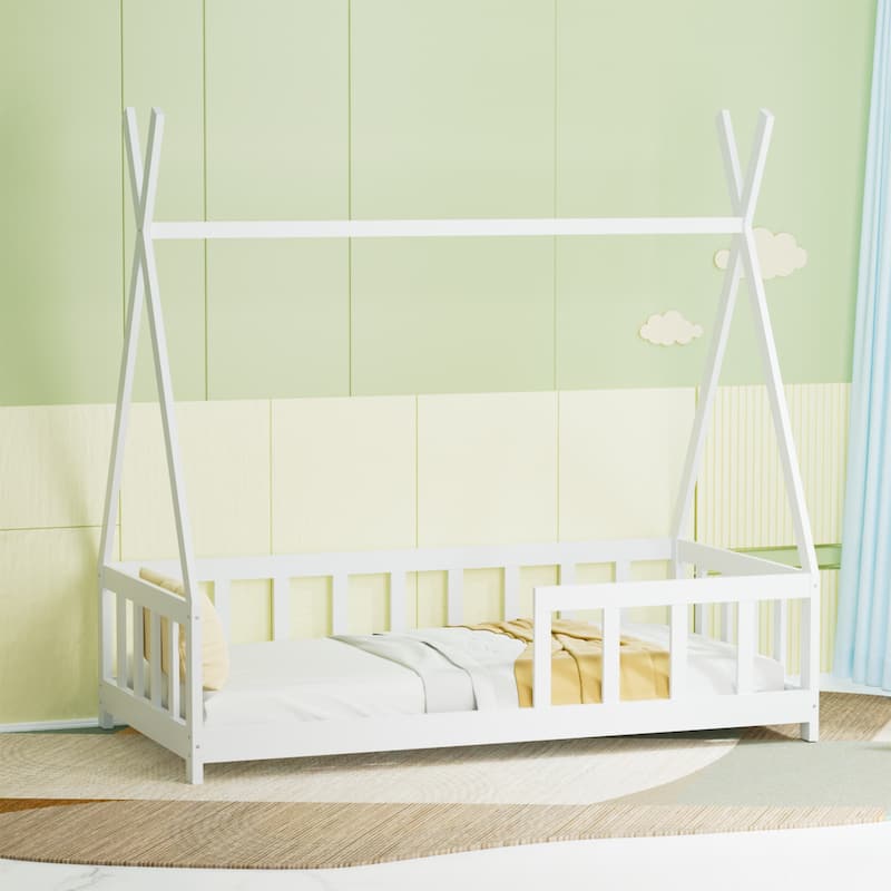 Wooden Montessori Floor Bed for Kids with Guardrail and Sky Roof Design - Cream White