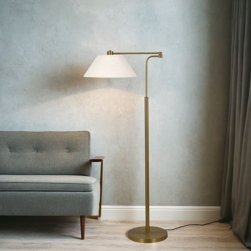 60" Metal Floor Lamp with Linen Shade, Pleating Brush Brass