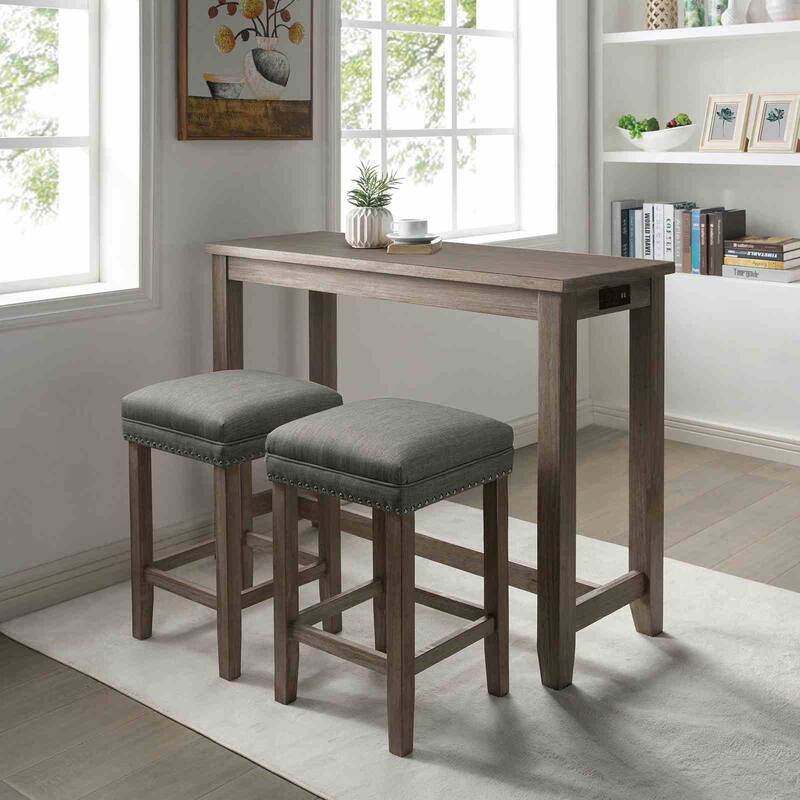 Gray Finish Dining Set USB Port Table and Stools - 3-Piece Set