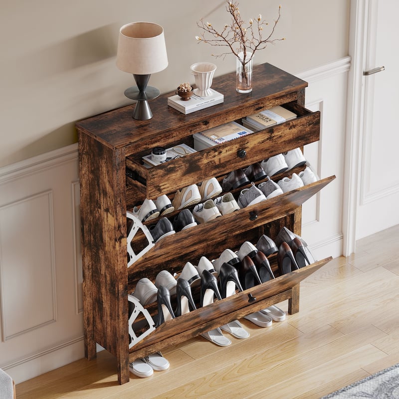 Moasis Narrow Shoe Cabinet with 2 Flip Drawers Adjustable Shoe Rack for Entryway
