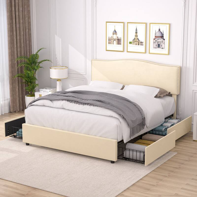 VECELO Upholstered Bed Frame with 4 Storage Drawers Full Queen Heavy Duty Platform with Adjustable Linen Headboard