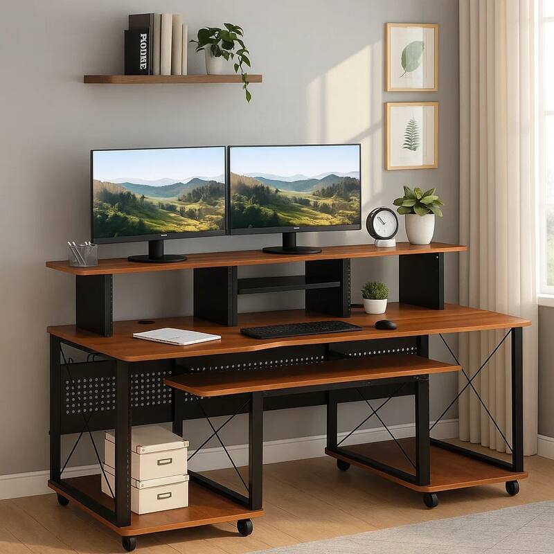 Mill 72 Inch Metal, Office and Writing Desk, Storage, Keyboard Tray, Brown