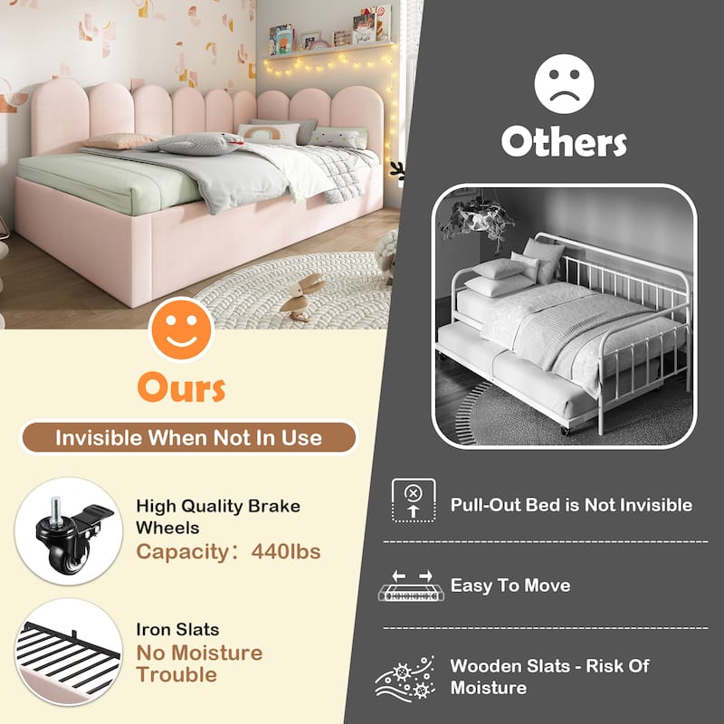 Twin Upholstered Daybed with Pull-Out Trundle, Velvet Sofa Bed for Small Spaces, Guest Bed with Metal Slatted Frame