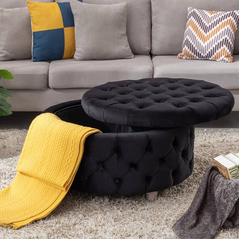 29.5" Wide Velvet Tufted Round Ottoman With Storage