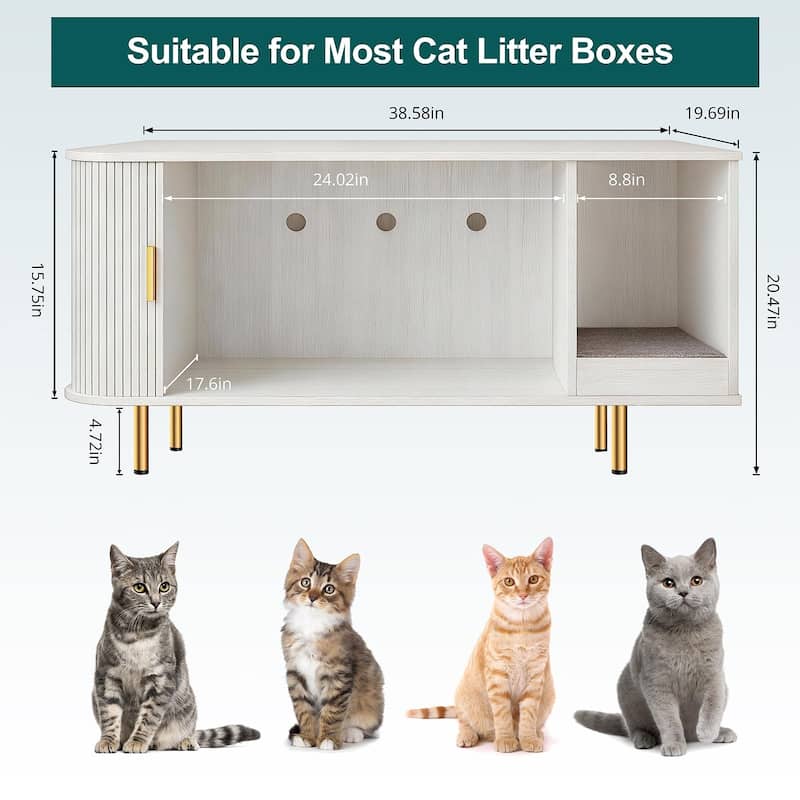 38.5" Cat Litter Box Enclosure with Scratch Pad and Sliding Door,Cat Hidden Litter Box Cabinet,Modern Indoor Cat House,TV Stand