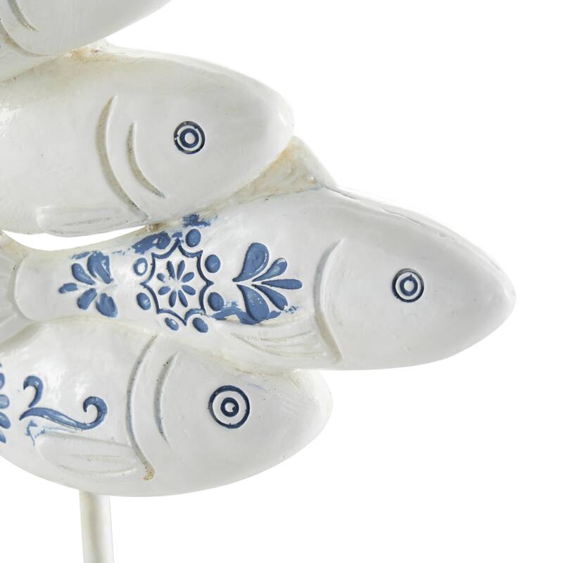 Polystone Fish Decorative Sculpture with Blue Floral Patterns and Stand - White - Roche River Decor