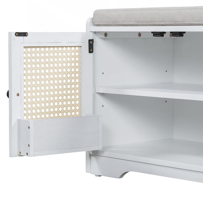 Rustic Storage Bench Multifunctional Wood Entryway Shoe Bench with Removable Cushion, Woven Rattan Doors & Adjustable Shelves