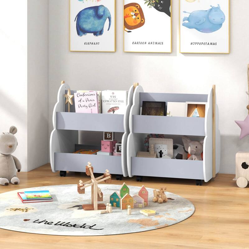 Costway Kids Wooden Bookshelf with Wheels 2-Tier Toy Storage Shelf - See Details